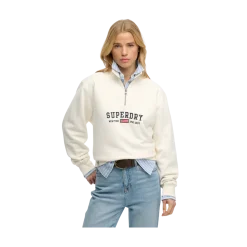 New Superdry Ath Ess Graphic Half Zip - Desert Bone Off White