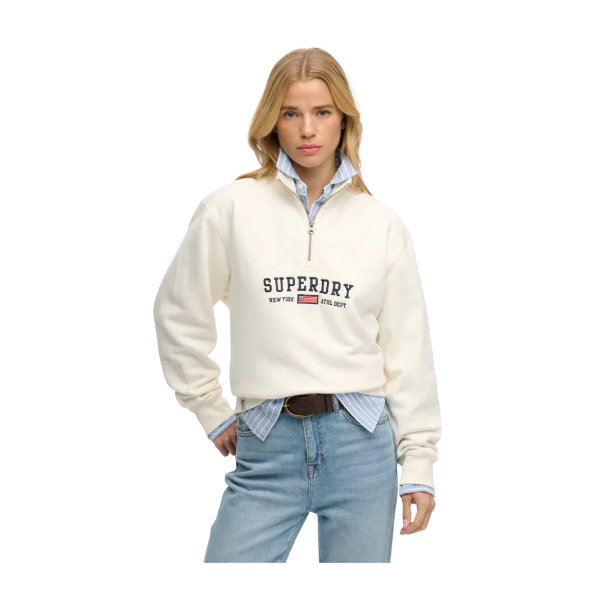 New Superdry Ath Ess Graphic Half Zip - Desert Bone Off White