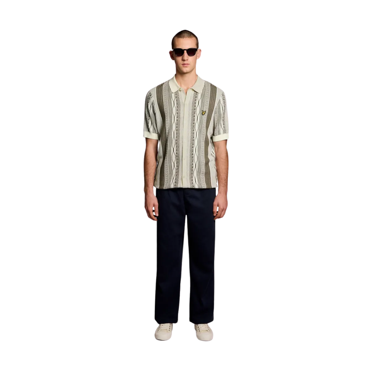 Lyle & Scott Brocade Jacquard Short Seeve Knitted Shirt - Ice Cream / Khaki Ash