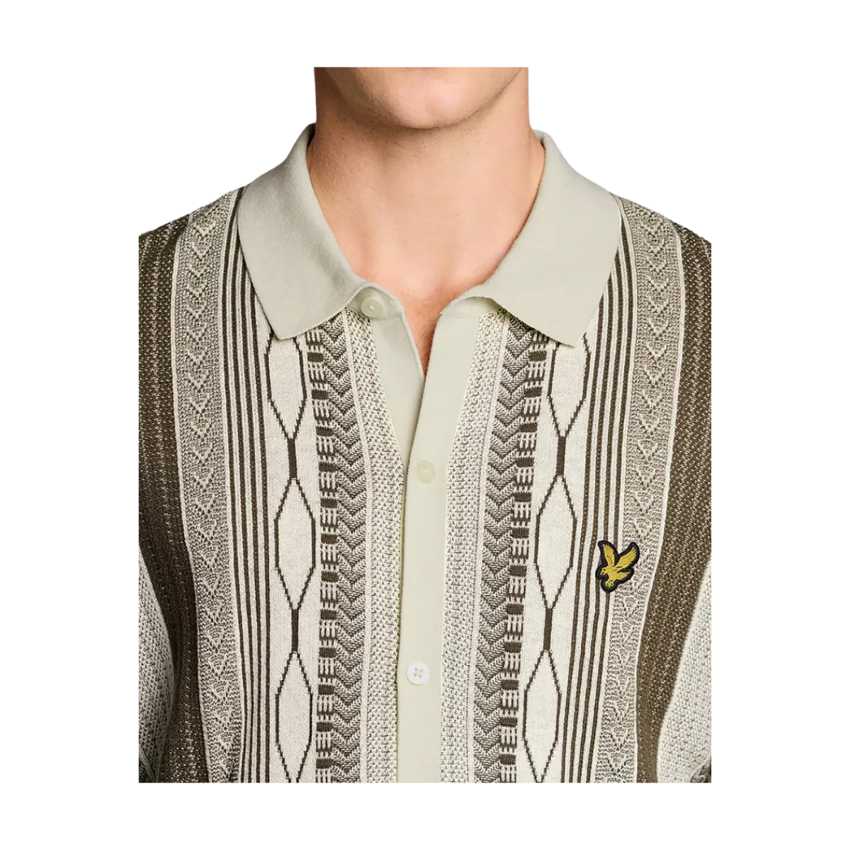 Lyle & Scott Brocade Jacquard Short Seeve Knitted Shirt - Ice Cream / Khaki Ash