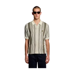 Lyle & Scott Brocade Jacquard Short Seeve Knitted Shirt - Ice Cream / Khaki Ash