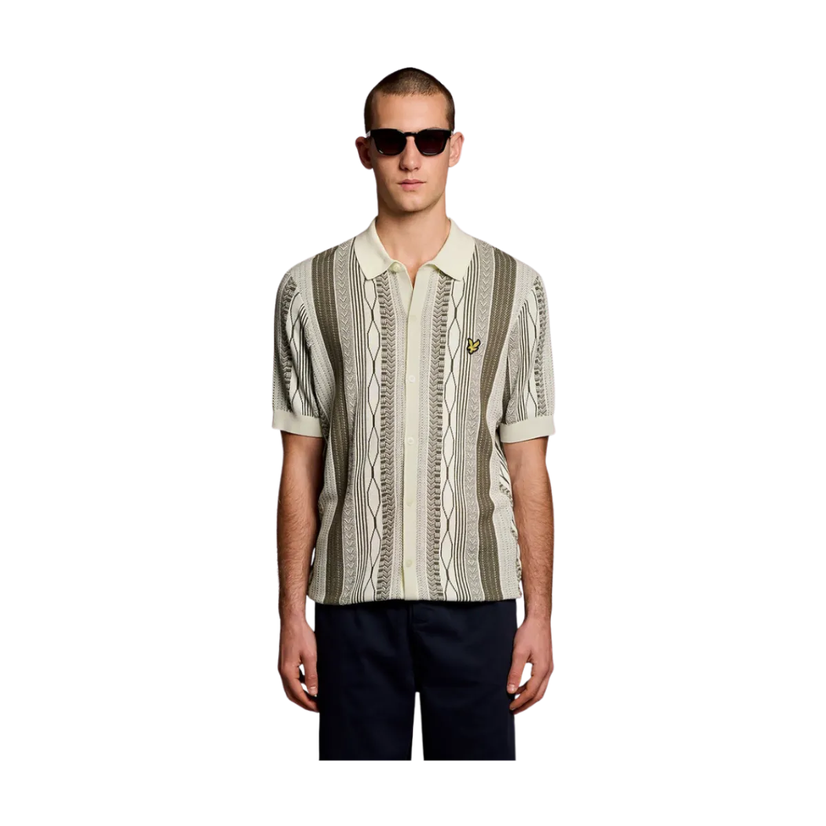 Lyle & Scott Brocade Jacquard Short Seeve Knitted Shirt - Ice Cream / Khaki Ash