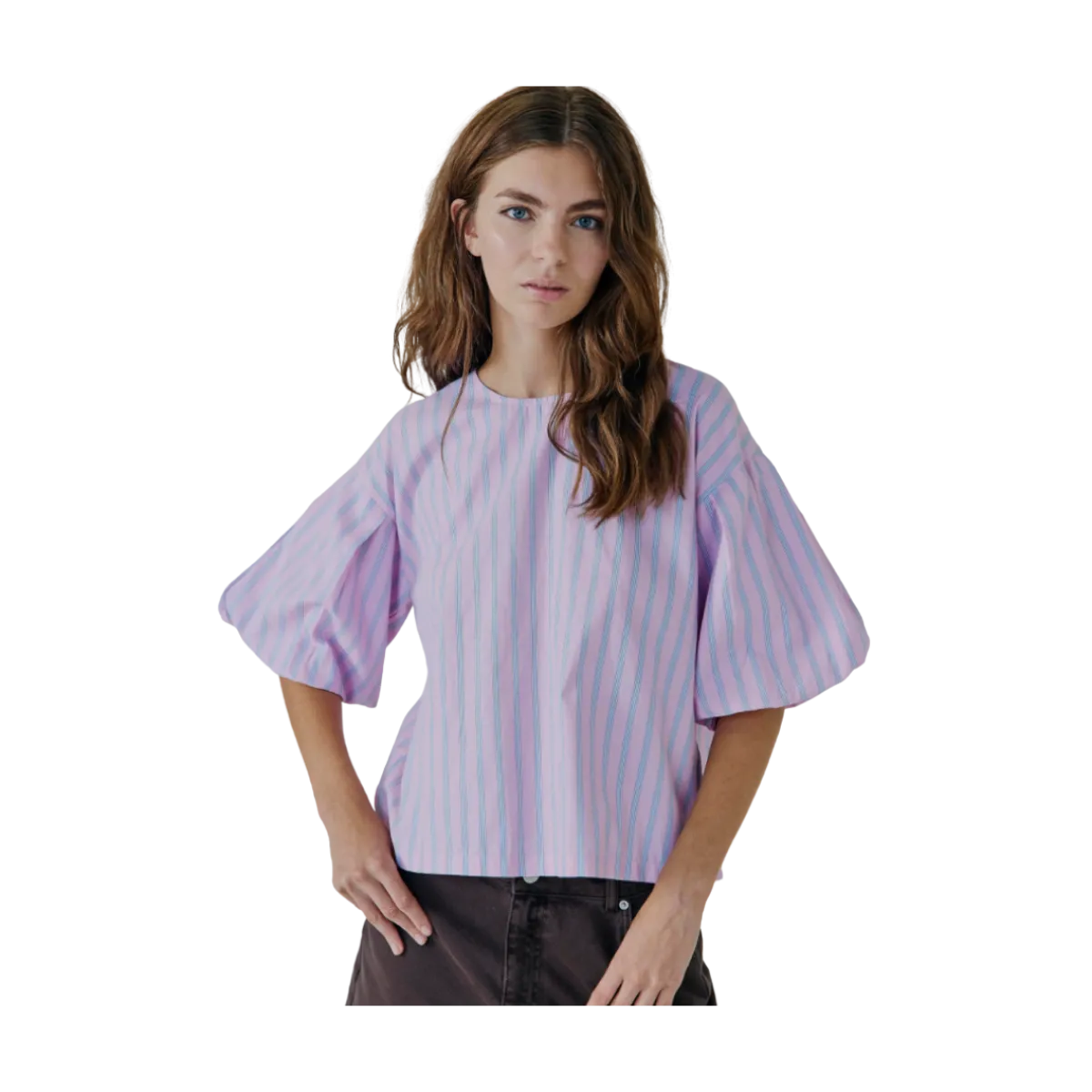 Outlet Norr Emily SS Top - Blue/Pink Stripe