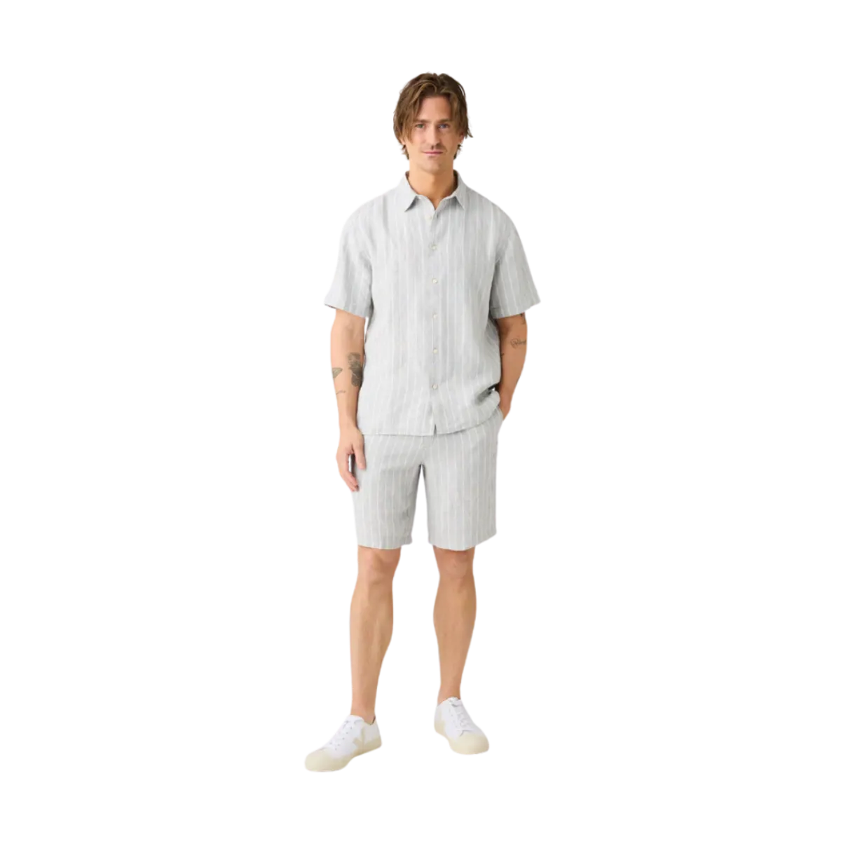 Best Knowledge Cotton Apparel inen triped hirt - Grey tripe