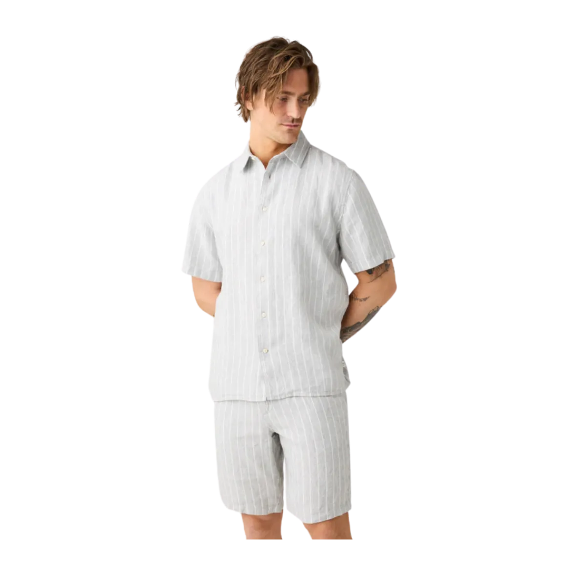 Best Knowledge Cotton Apparel inen triped hirt - Grey tripe