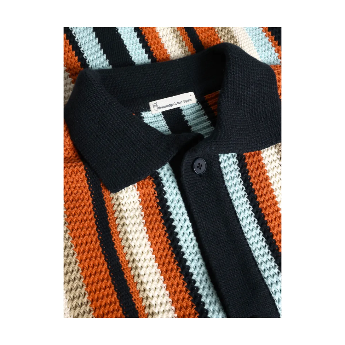 Best Knowledge Cotton Apparel Loose Short Sleeve Striped Knitted Shirt - Navy