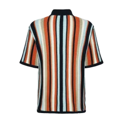 Best Knowledge Cotton Apparel Loose Short Sleeve Striped Knitted Shirt - Navy