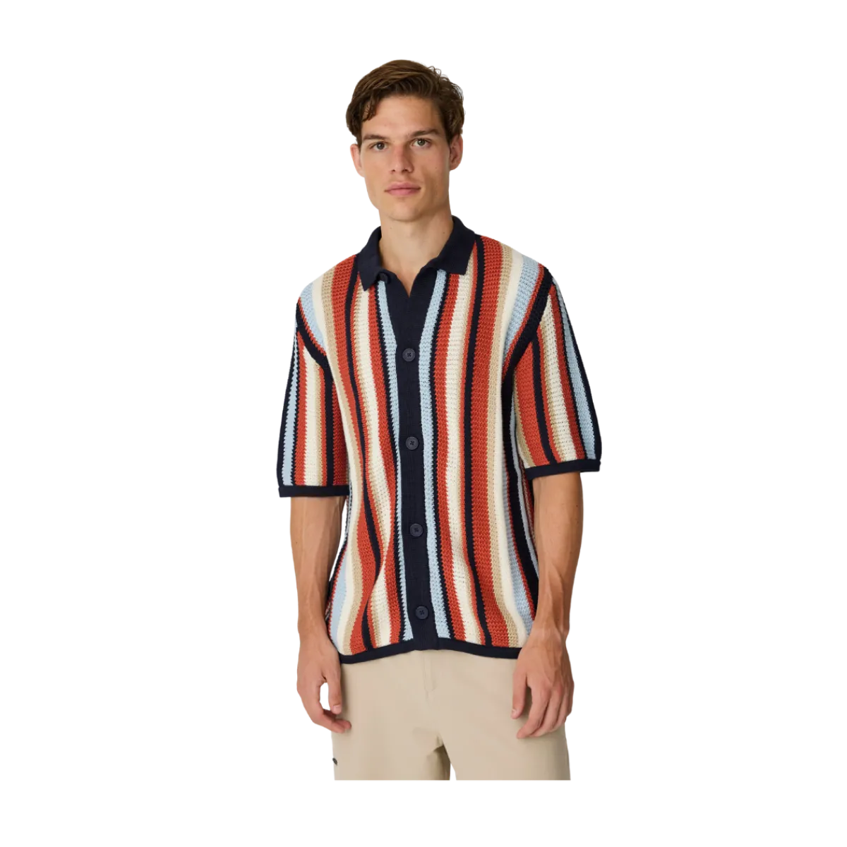 Best Knowledge Cotton Apparel Loose Short Sleeve Striped Knitted Shirt - Navy