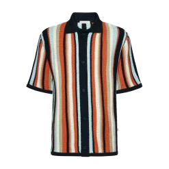 Best Knowledge Cotton Apparel Loose Short Sleeve Striped Knitted Shirt - Navy