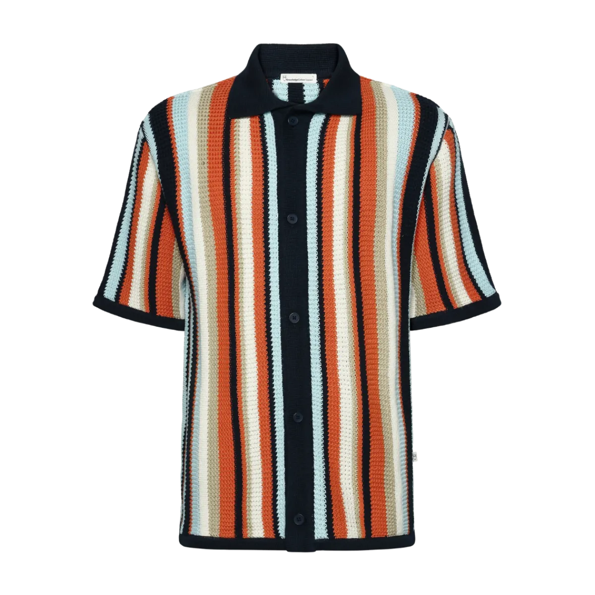 Best Knowledge Cotton Apparel Loose Short Sleeve Striped Knitted Shirt - Navy