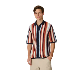 Best Knowledge Cotton Apparel Loose Short Sleeve Striped Knitted Shirt - Navy