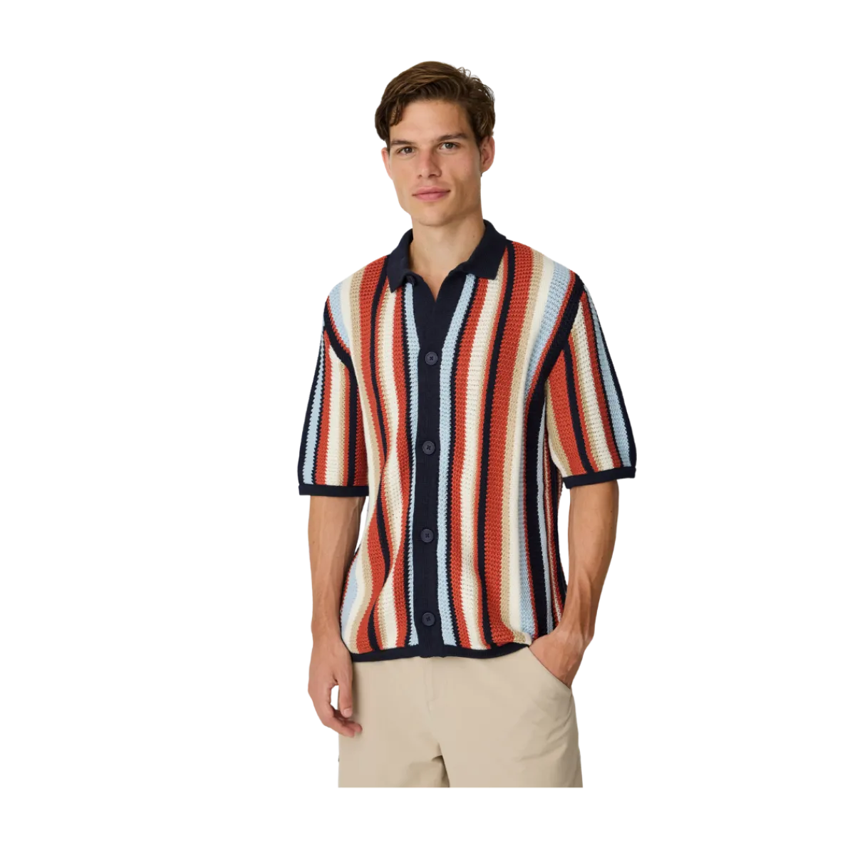 Best Knowledge Cotton Apparel Loose Short Sleeve Striped Knitted Shirt - Navy