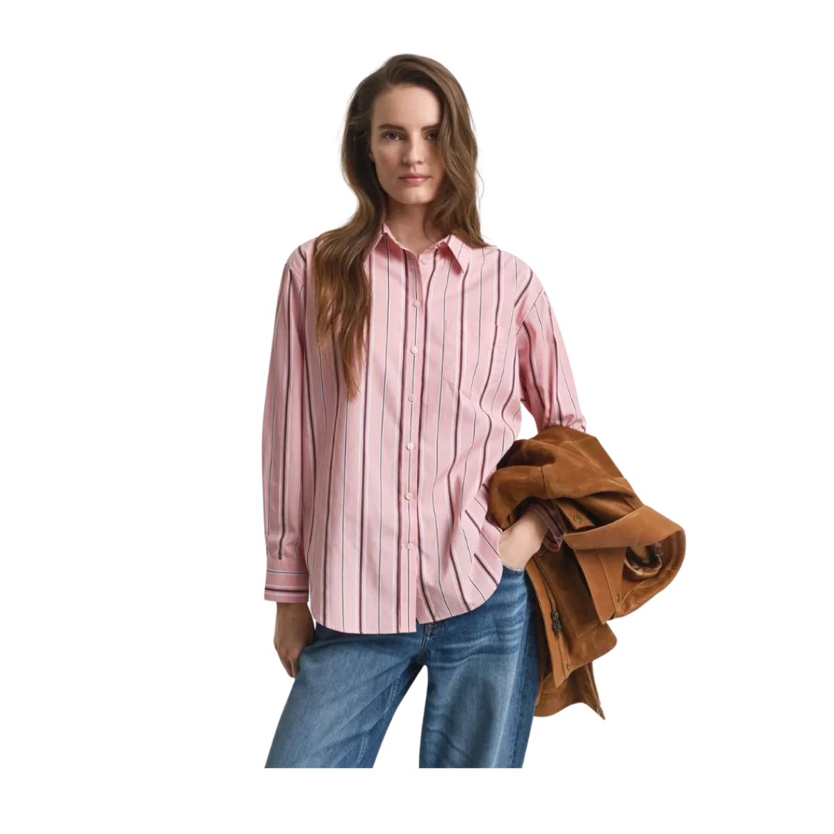 New Gant Relaxed Classic Poplin Striped Shirt - Summer Rose