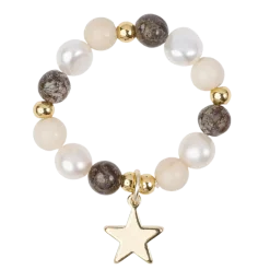 New DARK Department Stone & Pearl Bead Ring 4 mm W/Charm - Neutral Mix